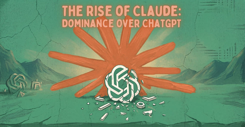 Text "The Rise of Claude: Dominance Over ChatGPT" above a shattered emblem with orange rays on a teal cracked background. Rugged mountains behind.