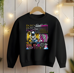 Black sweatshirt with angel DJ design, "Born To Grind" text