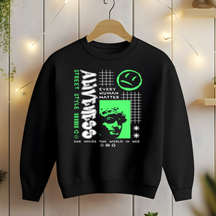 Black sweatshirt with 'Alwaysness' design, street style graphic, and text: Every Human Matters