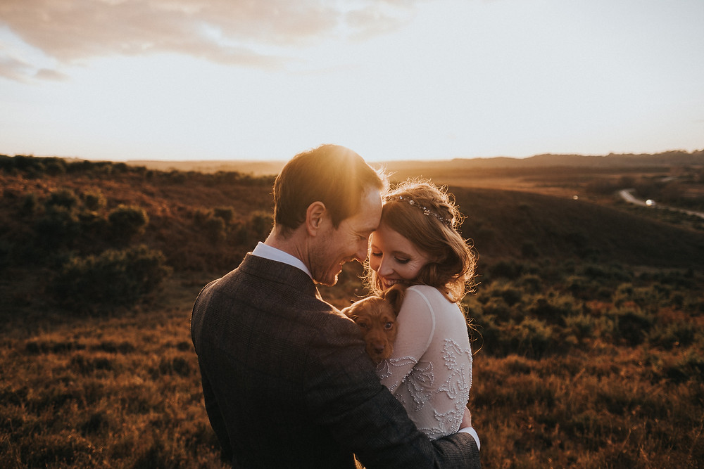 Beautiful photo of bride and groom with their cute puppy at sunset in the New Forest