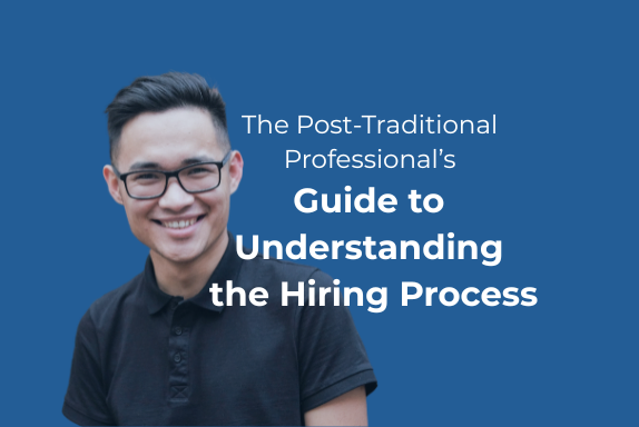 Course thumbnail for ‘The Post-Traditional Professional's Guide to Understanding the Hiring Process’ by Hyphen Innovation. The image shows a smiling young adult wearing glasses and a black shirt, positioned to the left of the course title on a white background.
