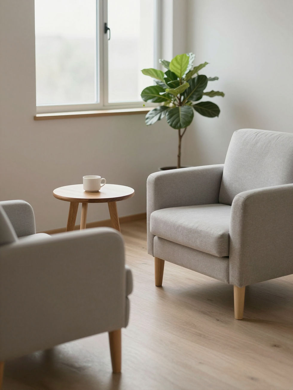 Modern psychiatric office with a calm, neutral design and a comfortable feeling 