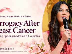 Atlas Surrogacy blog cover featuring Olivia Munn and a pink awareness ribbon, exploring surrogacy after breast cancer in Mexico and Colombia.