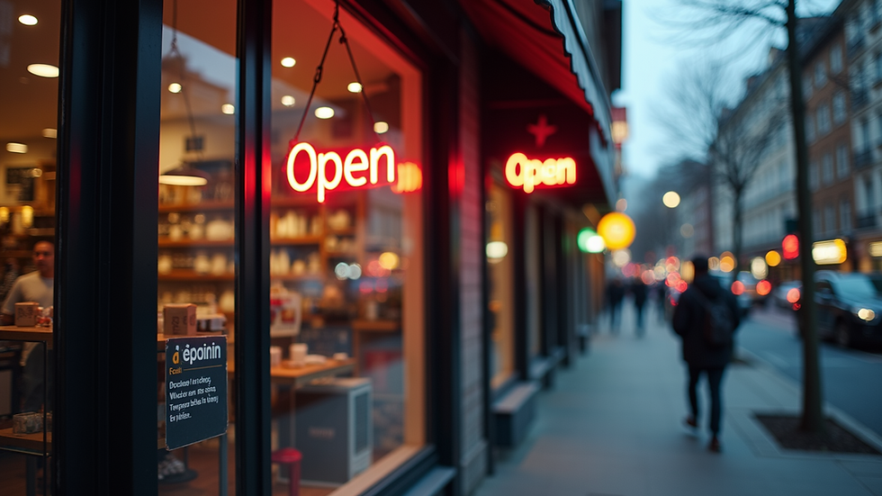 Eye-level view of a small shop’s storefront with a bright “Open” sign