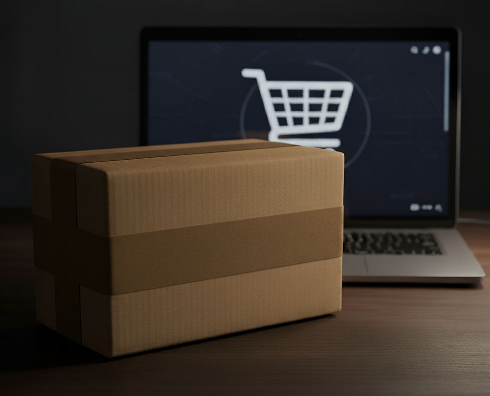 Ein Paket auf einem Tisch vor einem Laptop