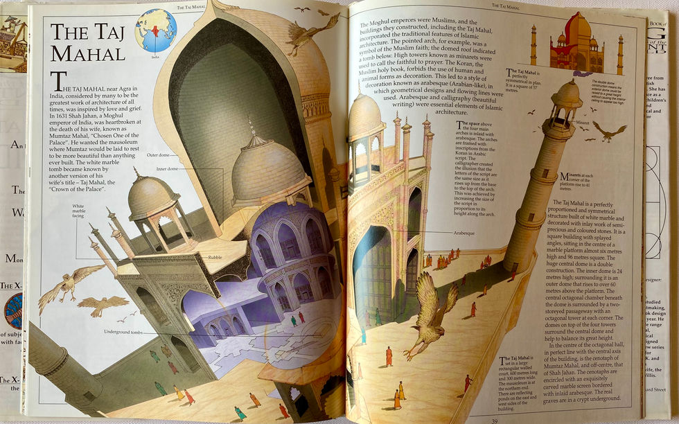 Open Book, Cutaway illustration of Taj Mahal by Nick Hewetson. Big Buildings of the Ancient World, The X Ray Picture Book of...series.