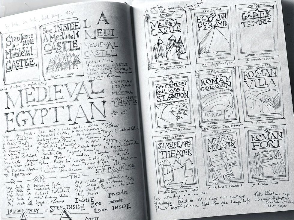Pencil sketches by David Salariya designing the Inside Story series. later published as Spectacular visual Guides.
