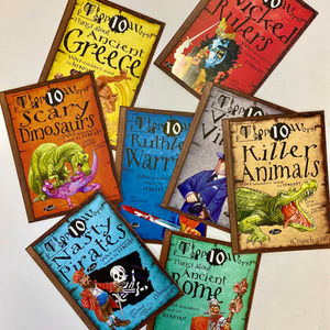 Front Covers for Top Ten Worst. The Top Ten Worst series counts down the ghastliest ghoulies, the most petrifying pirates, the angriest animals, the nastiest natural disasters, and much, much more! Colourful and humourous illustrations by David Antram accompanies the text and features information on how to survive everything from the worst volcanic eruption to the world's deadliest animal. Each title explores the facts and the science behind each subject as well as looking at their impact on the world at large. Topics and subjects are put in a geographical and historical context so the reader can breathe a sigh of relief if the threat is very old or far away. Captions and speech bubbles bring the illustrations to life while 'Vital Statistics' fact boxes fill you in on all the details.All titles feature a full glossary and index, which back up the scientific and historical information found within the books.