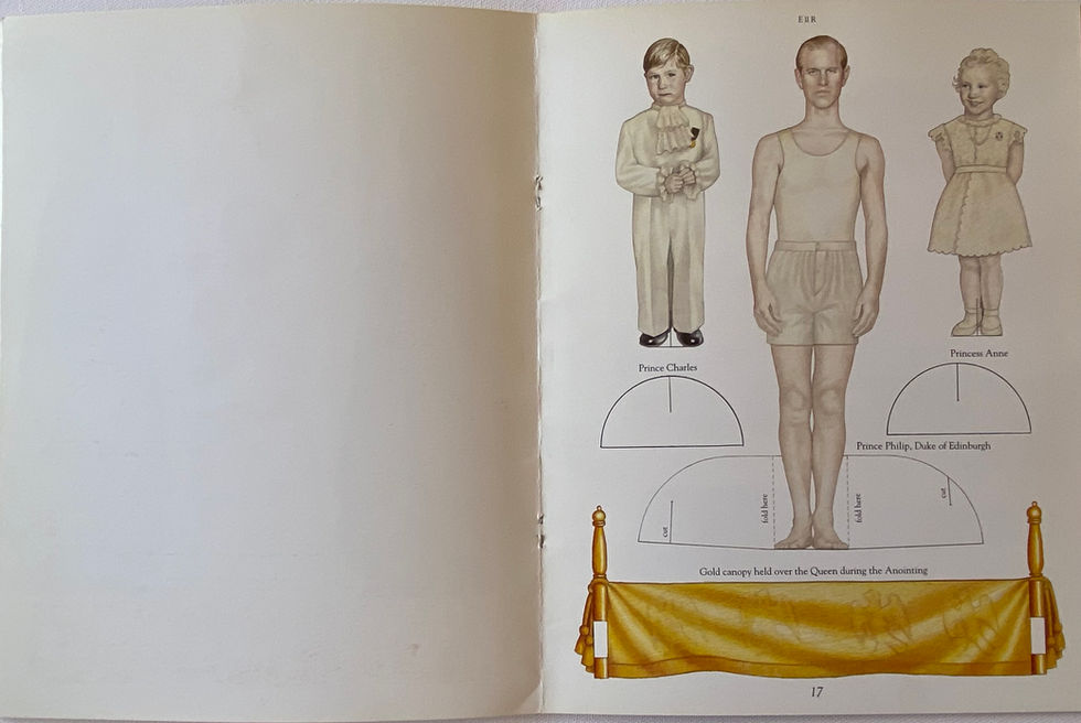 Figures from children's non fiction book of cardboard figures dressing doll book. HRH Prince Charles, HRH Prince Philip, Duke of Edinburgh, HRH Princess Anne. Created by David Salariya, illustrated by Vanessa Cleall, written by Fiona Macdonald.