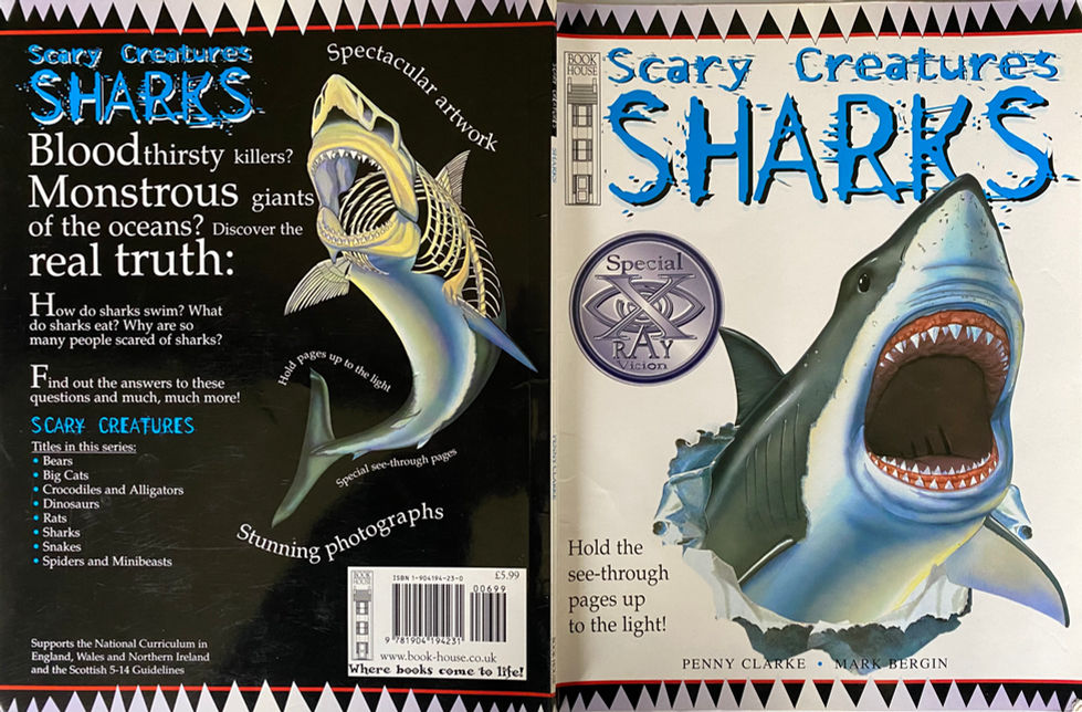 Sharks (Scary Creatures) Shark bursting through the cover of a book. Artwork by Mark Bergin