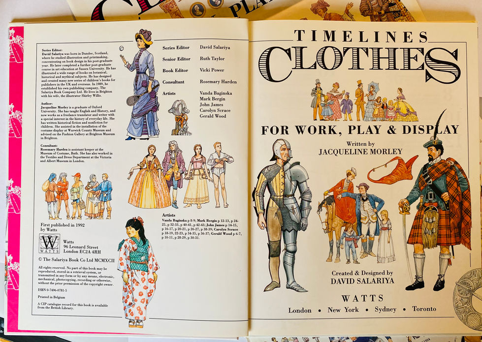 A book is open to a page that says timeline clothes
