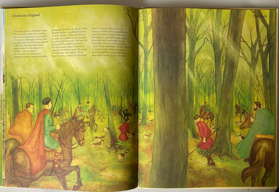 Open book, The Children's Book Of Domesday England. A hunting party in the New Forest.