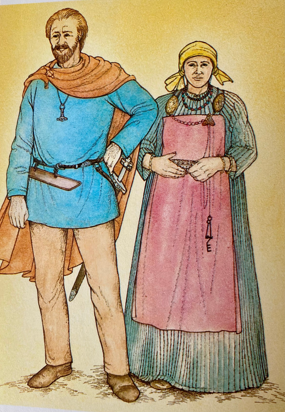 Viking smith, hammering rods of wrought iron to make the blades of swords. His assistant pumps the bellows. illustration by David Salariya