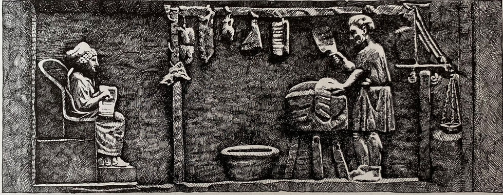Non-fiction, A Children's History of Britain and Ireland. Ancient Roman butcher's shop. Roman butcher hacks at meat on butcher's block while a customer waits sitting in a wicker chair. illustration by David Salariya