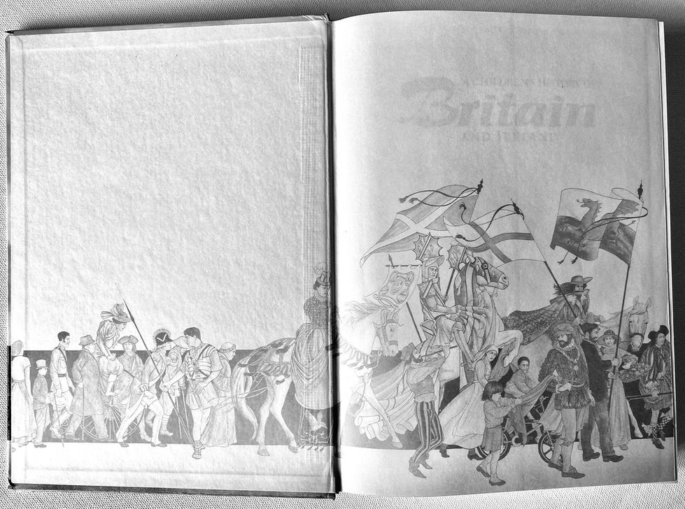 Endpapers of A Children's History of Britain and Ireland. Non-fiction book cover: A Children's History of Britain and Ireland. Illustrated by David Salariya. Illustration in monotone brown tint of a procession of people from different periods in history walking, and riding - moving towards the front of the book.
