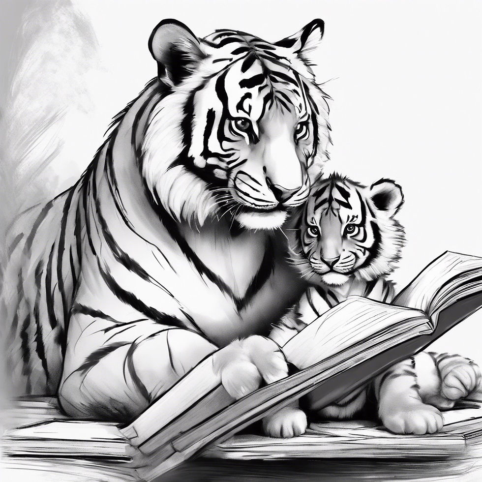 Tiger reading to tiger cub