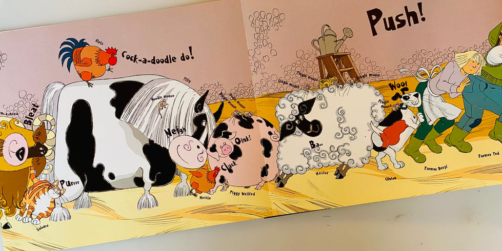 Illustrated farm animals: cow, pig, sheep; Push! text