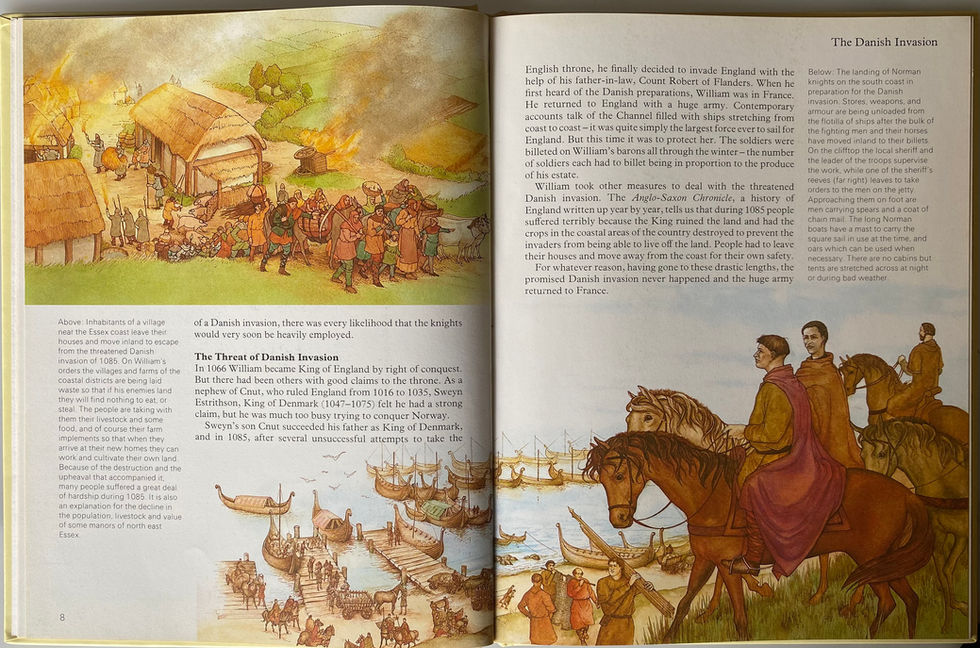 The Children's Book Of Domesday England. The landing of the Norman knights on the south coast in preparation for the Danish invasion. Illustration by David Salariya
