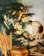 Pre-historic metal smiths, with examples of archaeological finds. Reconstruction artwork by David Salariya