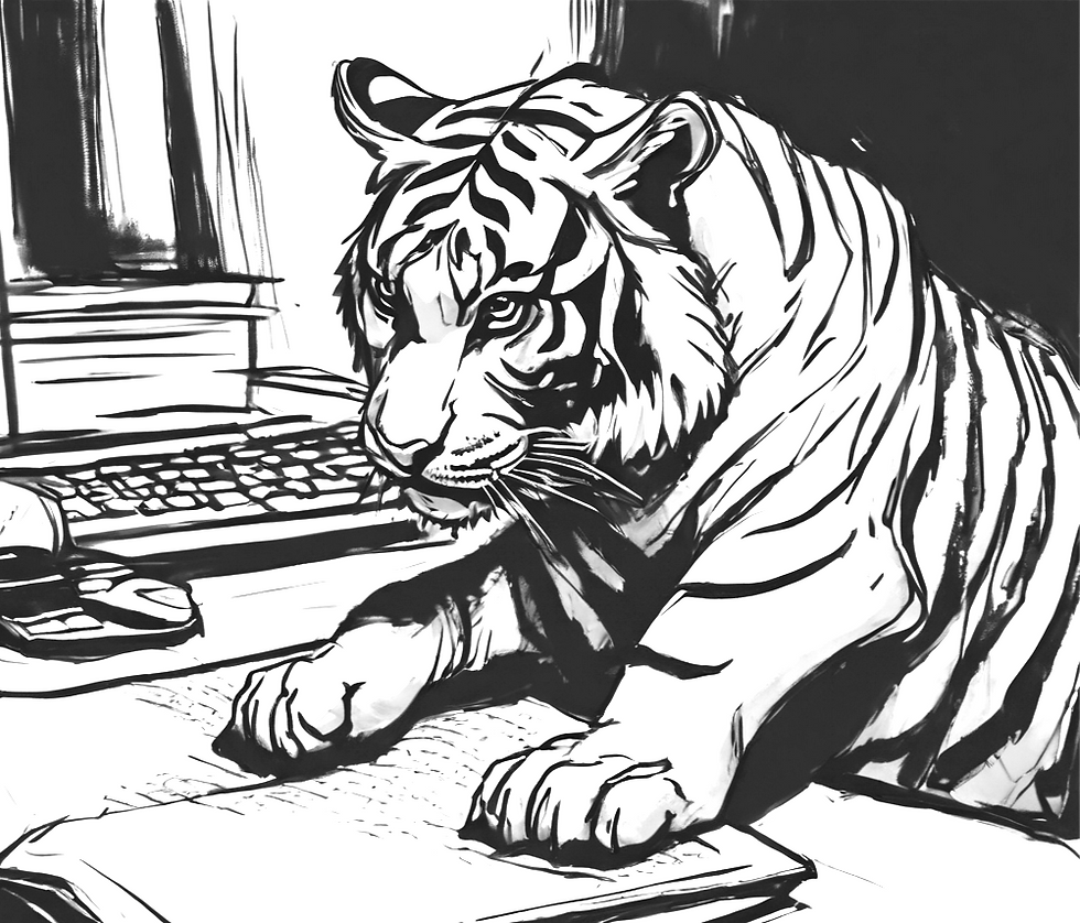 Tiger writing a manuscript