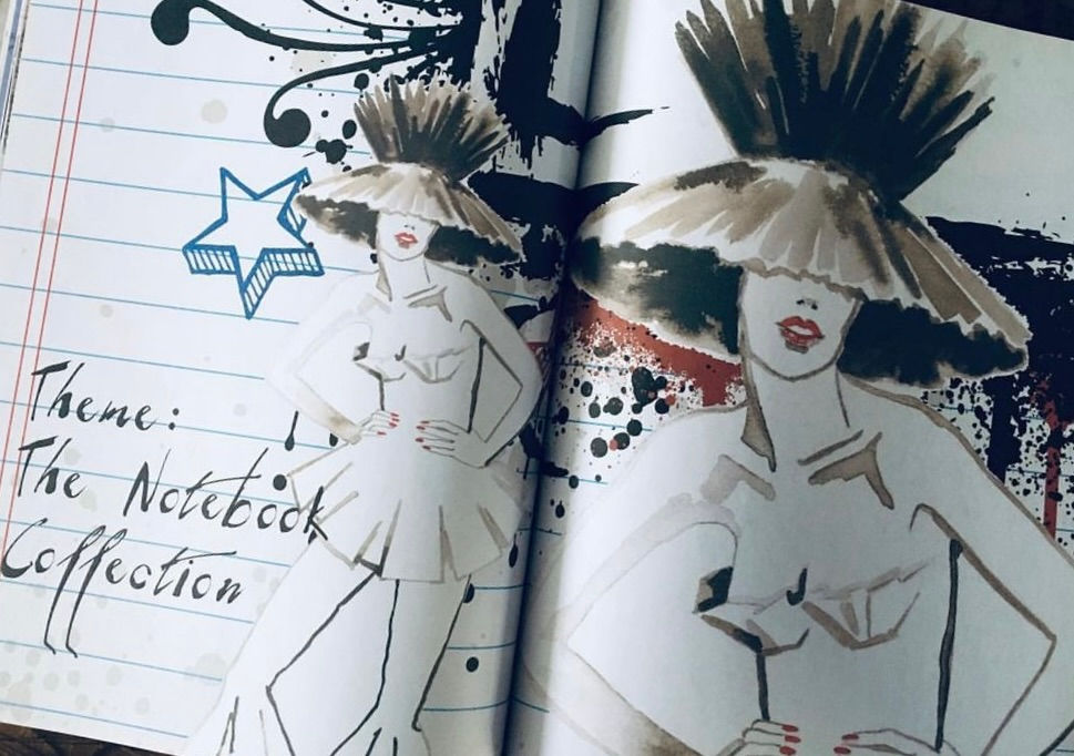 Fashion drawings by Carolyn Scrace in a style that would please Jean Paul Gaultier