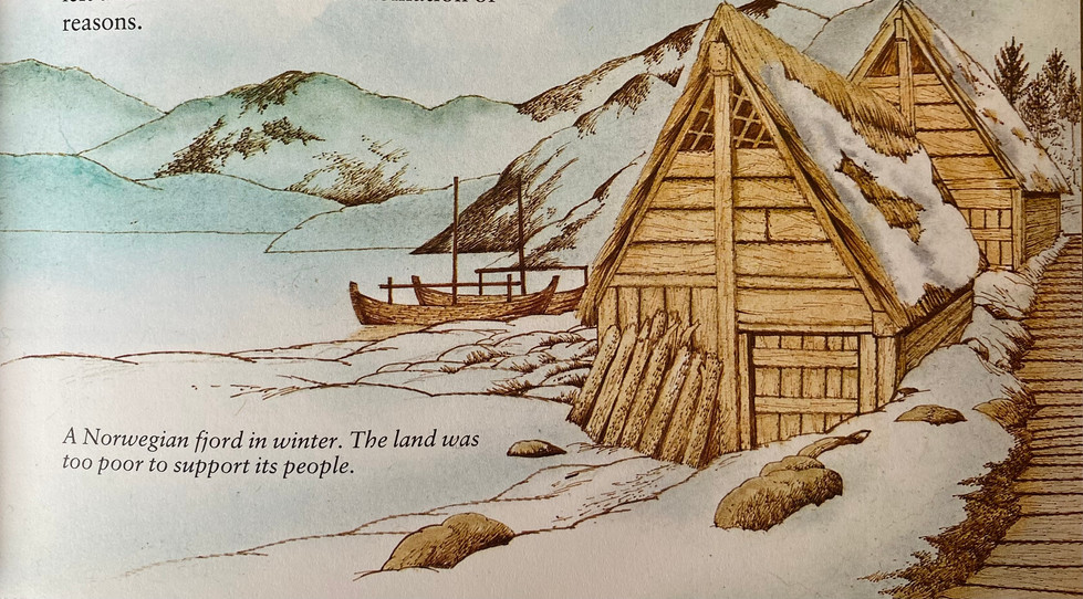 A Norwegian fiord in winter, viking houses and boats in snow. Illustration By David Salariya