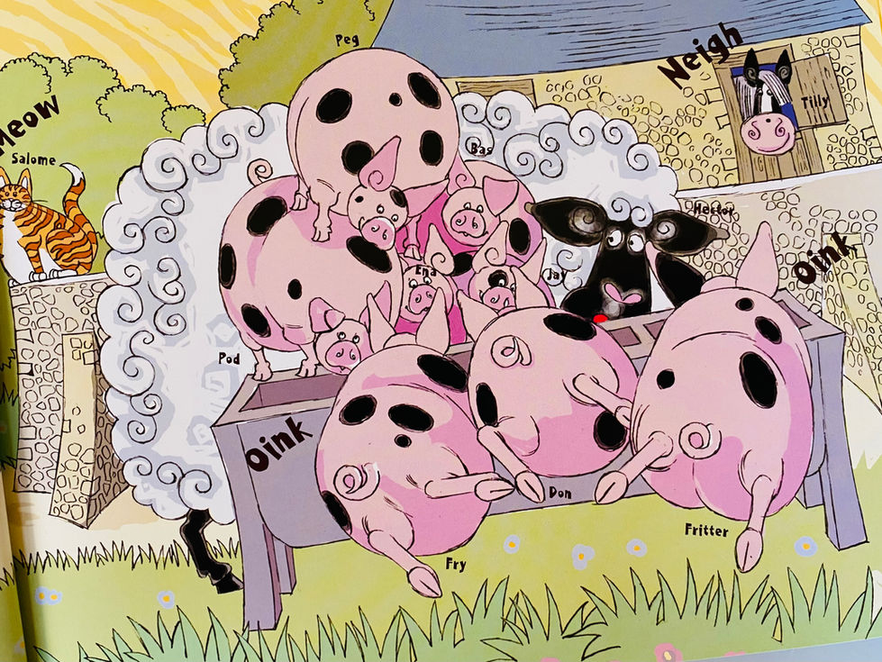 a cartoon drawing of pigs and sheep with oink written on the bottom