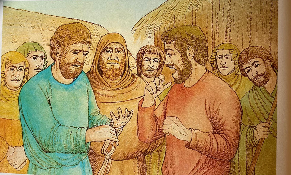 Non-fiction, A Children's History of Britain and Ireland. The verdict in an ordeal by fire. the accused has removed his bandages. His hand has healed - his accuser is horrified. Illustration by David Salariya