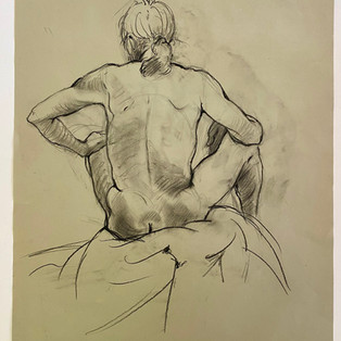 Male life-drawing model, back view seated, by Shirley Willis Salariya