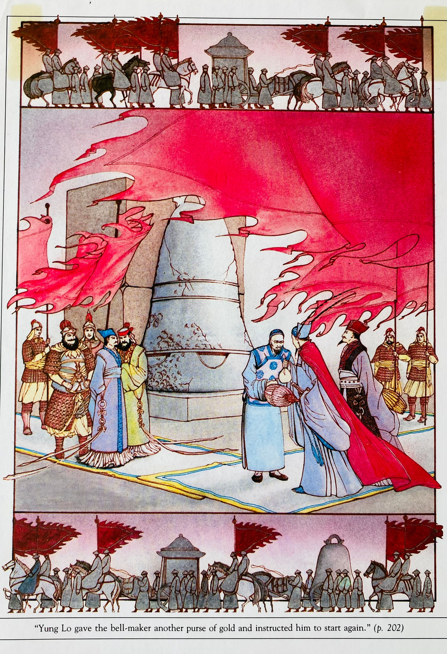 Chinese Emperor inspecting the great bell which is being cast. Procession at top and at bottom, illustration by David Salariya for a rewriting of a book of Myths and Legends published by Kingfisher Books. London.