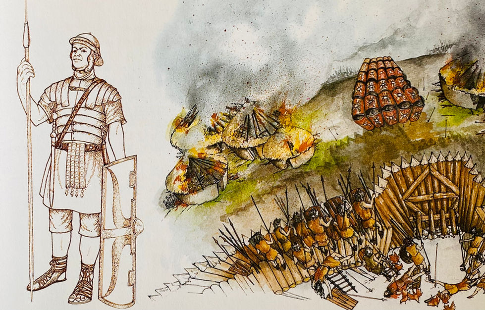 Non-fiction, A Children's History of Britain and Ireland. Roman soldier. Roman soldiers attack maiden Castle, advancing on the main gate, under cover of their "tortoise" of shields. Illustration by David Salariya