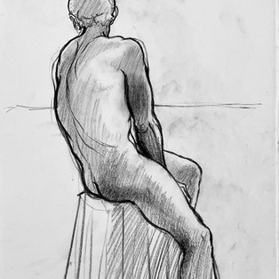 Male life-drawing model, back view of seated figure by Shirley Willis Salariya