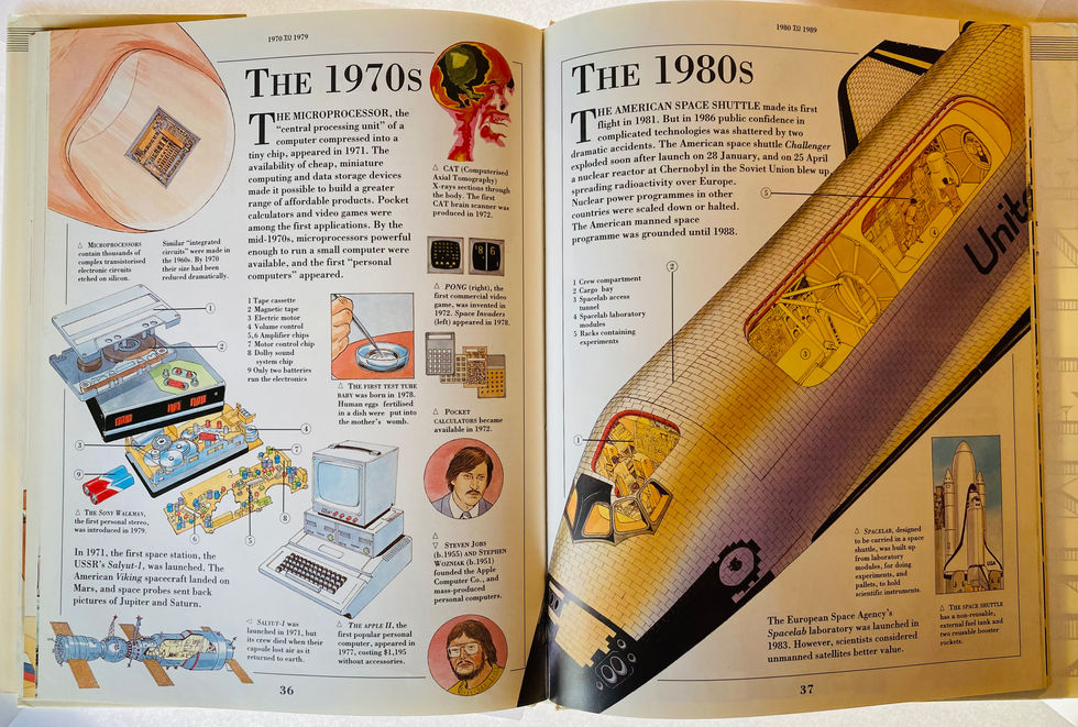 a book in the Timelines series is open to a page about the 1970s and 1980s