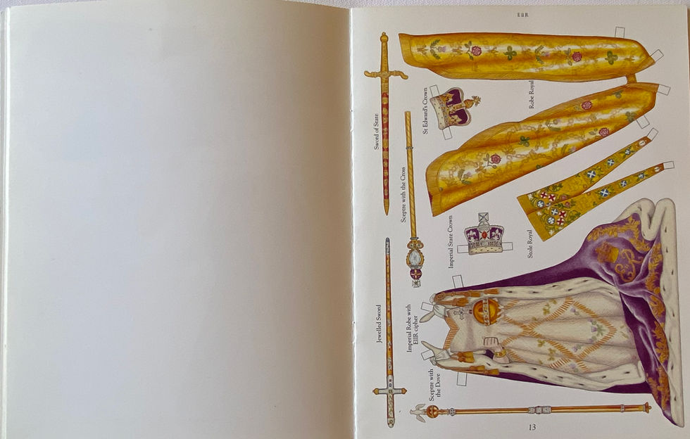 Children's dressing doll book illustrations by Vanessa Cleall of Queen Elizabeth II Coronation 3rd June 1953. Clothes for a Coronation 1953, Jewelled Sword, Sword of state, Sceptre with cross, Sceptre with the Dove, Imperial State Crown, St Edwards Crown, Robe Royal, Stole Royal, Imperial Robe with EIIR cipher.
