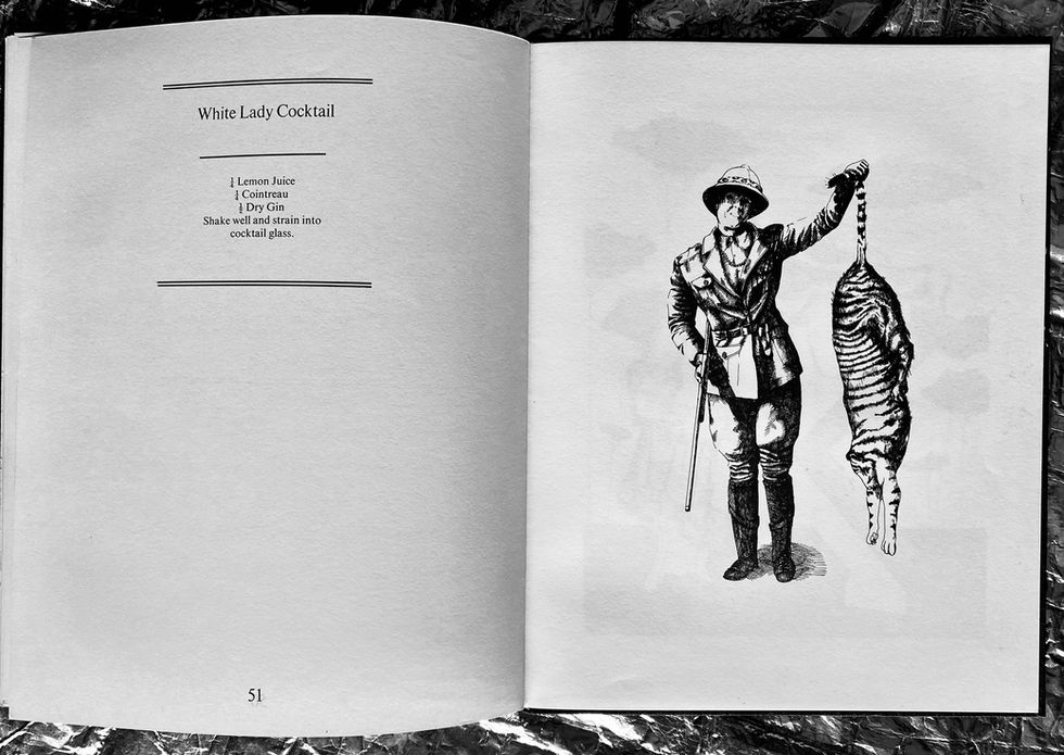 White Lady Cocktail, 1920's Safari - female hunter has shot a tiger and holding it up as a trophy by the tail. Illustration to reflect the disposable attitude to wildlife of the period.