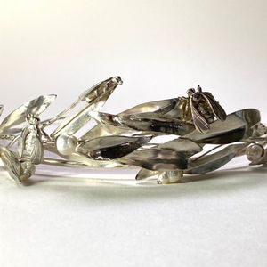 Sterling silver tiara in form of olive leaves with baroque pearls and bees. Silversmith David Salariya, silver maker,  
hand-crafted silver, bespoke silver items, silver artisan, silver workshop.