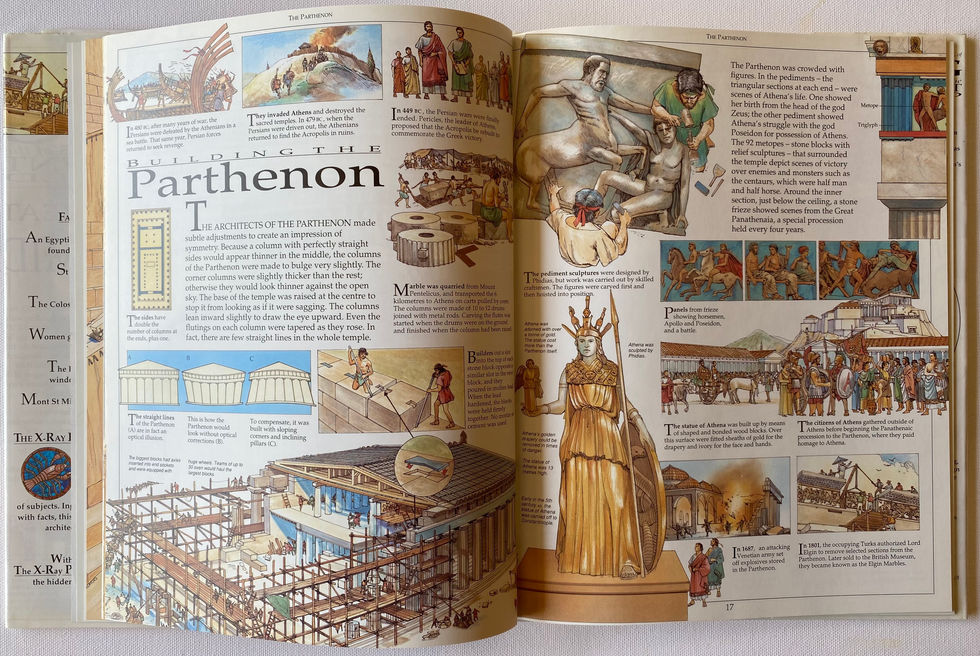 Open book, The Parthenon, Athens, how it was built, illustration by Gerald Wood, series created and designed by David Salariy