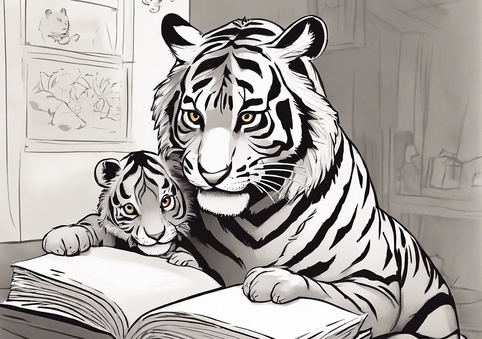 Tiger reading book to tiger cub