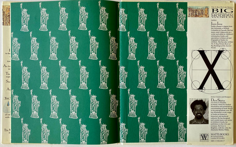 Book. Big Buildings of the Modern World. Green endpapers with Statue of Liberty as repeating pattern. Series created & designed by David Salariya