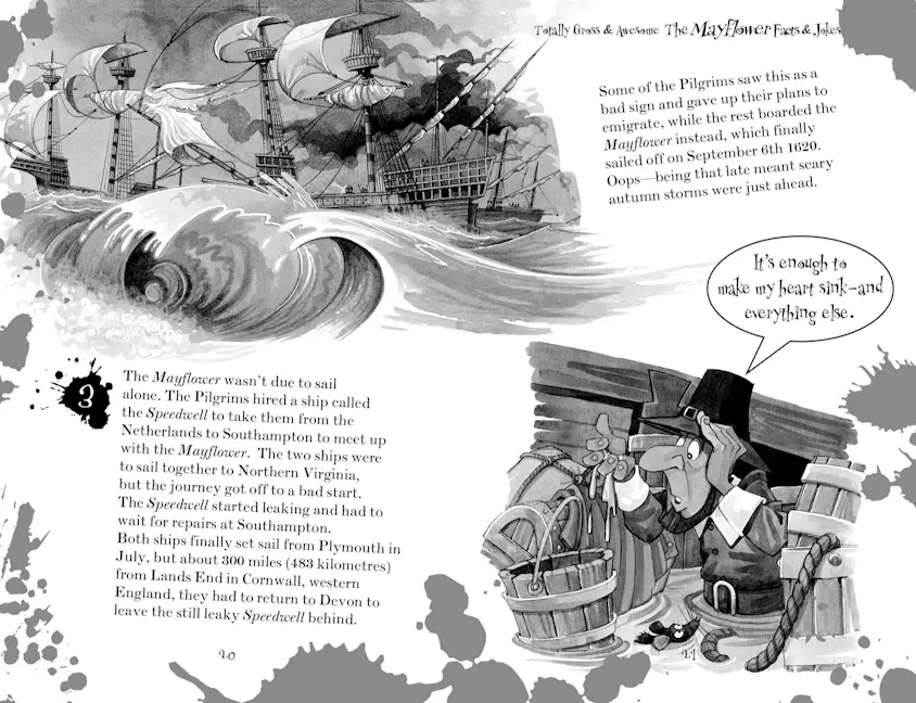 Tickle Your Brain, Mayflower ship in a storm, American Colonists. Created & Designed by David Salariya, #everybookmatters