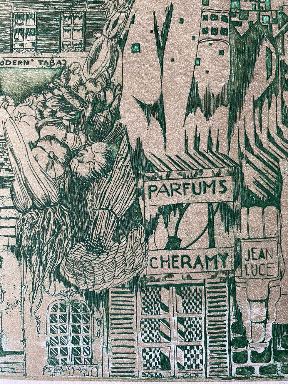 Etching, Die cut etching plate . Parisian art nouveau metro entrance with pigeons flying. Printmaker David Salariya