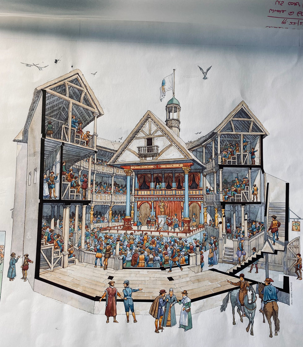 Cutaway view of Shakespeare's Globe from Inside Story A Shakespearean Theatre. Cutaway view by John James of the Globe Theatre. Cutaway shows outside of Globe Theatre and inside audience and performers on stage can be seen.