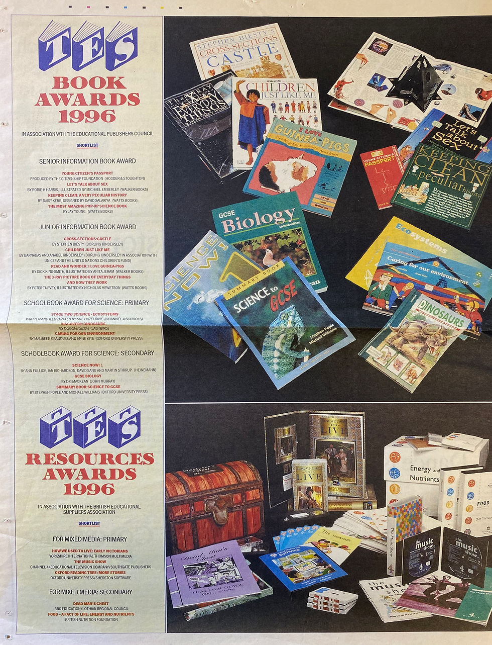 Page from Times Educational Supplement  showing shortlisted books for the Times Education Supplement