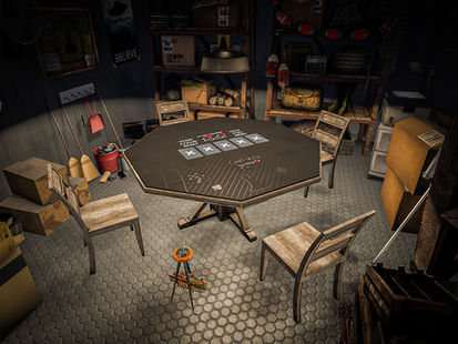a dimly lit poker table in a storage room