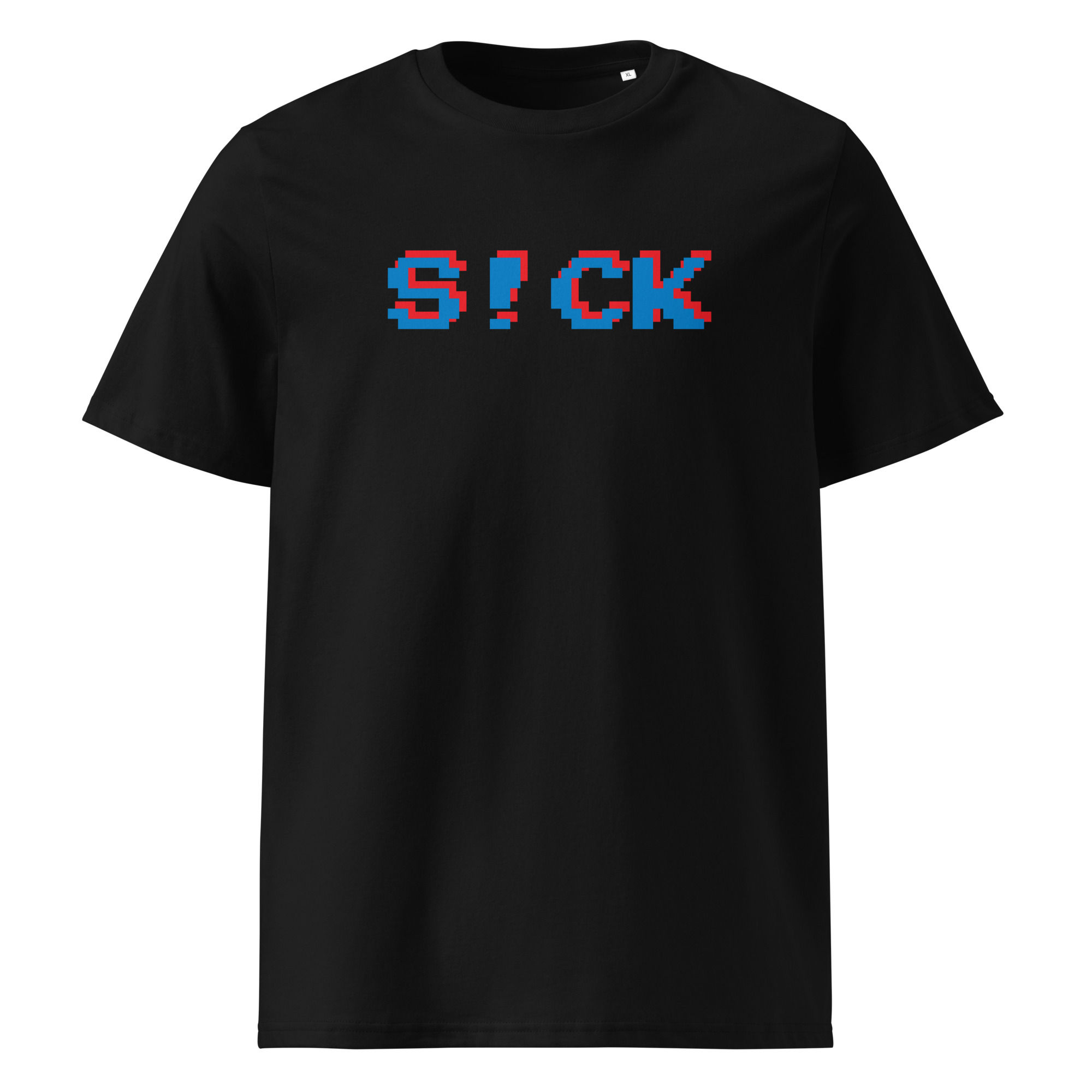 Black t-shirt with blue and red S!CK in digital print