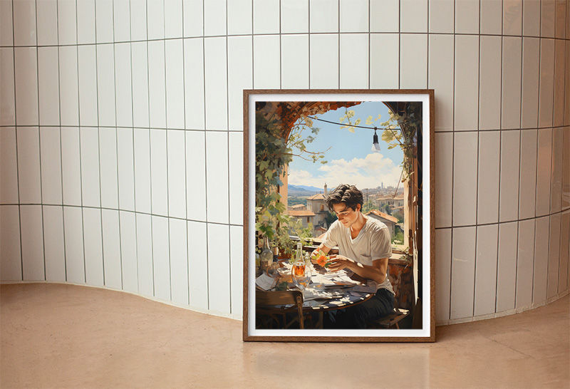 Thumbnail: Mesmo quadro decorativo exposto em parede de azulejo
