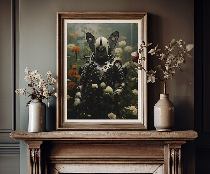 Thumbnail: Mesmo quadro decorativo exposto sobre lareira de madeira entalhada