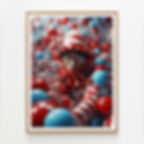 Quadro decorativo com homem de óculos e chapéu entre bolas vermelhas e azuis