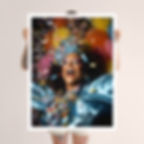 Poster colorido com mulher de fantasia pierrot sorrindo entre beixigas e confetes