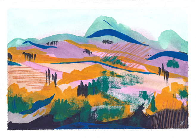 Pintura em guache e lápis sobre papel, no tamanho 21 por 29,7 cm.
Esta obra de título Serra, de autoria de Maína Fantini, é uma pintura não-realista de paisagem, com formas de montanhas distribuídas em planos sobrepostos. 
Ao fundo, uma cadeia de montanhas em turquesa é cortada por traços diagonais soltos em azul-marinho, em lápis e tinta. No plano intermediário, morros em lilás e rosa se estendem horizontalmente, cobertos por manchas em laranja-ocre e riscos diagonais em lápis  vermelho-coral. No primeiro plano, manchas em verde-escuro e preto sugerem vegetação arbustiva, com figuras verticais e alongadas evocando árvores altas e finas.
O estilo é gestual e expressivo, com marcas sobrepostas, contornos não definidos e uma paleta vibrante de rosa, laranja, verde, azul, lilás e preto. A composição transmite movimento e profundidade por meio da cor e da textura.